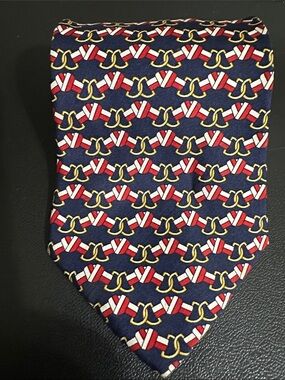 Paolo Gucci, Navy Blue Patterned Silk Tie with Red and Gold Accents